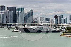 Miami Florida Biscayne Bay Bayside Marina downtown skyline office buildings high-rise condominium building boats