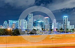 Miami, Florida. City skyline at night from Port Boulevard