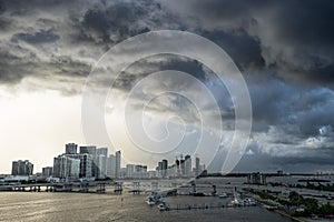 Miami Florida at storm with sunset. View of the big dark clouds and strong gale from the sea