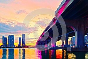 Miami Florida at sunset, colorful skyline