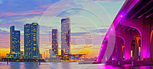 Miami Florida at sunset, colorful skyline