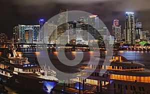 Miami Florida at sunset, skyline of illuminated buildings and Macarthur Causeway bridge. Miami downtown.