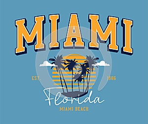 Miami, Florida t-shirt design with palm trees and sun. Miami beach college style slogan print.