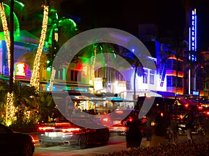 Miami, Florida, USA. August 2019. Ocean Drive neon at night on a saturday night. Long exposure