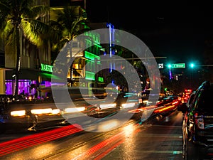 Miami, Florida, USA. August 2019. Ocean Drive neon at night on a saturday night. Long exposure
