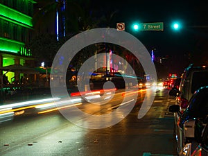 Miami, Florida, USA. August 2019. Ocean Drive neon at night on a saturday night. Long exposure