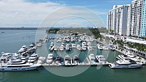 Miami, Florida USA. Drone Aerial View of Yachting Club Marina and Bayfront
