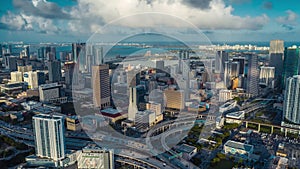 MIAMI, FLORIDA, USA - JANUARY 2019: Aerial drone panorama view flight over Miami downtown. Tall buildings from above.