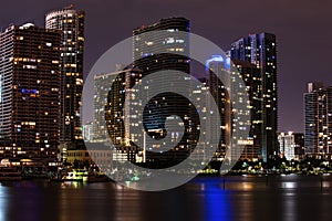 Miami, Florida, USA skyline on Biscayne Bay, city night backgrounds. Skyline of miami biscayne bay reflections, high