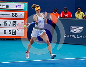 Professional tennis player Alize Cornet of France in action during her quarter-final women`s doubles match at 2022 Miami Open