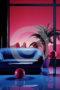 Miami Lights: Atmospheric 1980s Style with Indoor Palm Tree. Generative AI