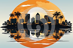 Miami in line art style, palm trees and skyscrapers, sun, cityscape. Travel postcard, print