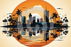 Miami in line art style, palm trees and skyscrapers, sun, cityscape. Travel postcard, print