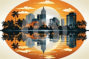 Miami in line art style, palm trees and skyscrapers, sun, cityscape. Travel postcard, print