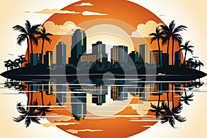 Miami in line art style, palm trees and skyscrapers, sun, cityscape. Travel postcard, print