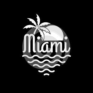 Miami logo. Miami beach banner with palm, sun and sea. T-shirt typography design. Apparel graphic. Vector illustration