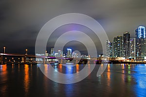 Miami night. Bayside Miami Downtown MacArthur Causeway from Venetian Causeway.