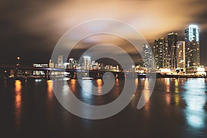 Miami night downtown. Bayside Miami Downtown MacArthur Causeway from Venetian Causeway.