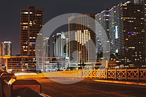 Miami night downtown, city Florida. Skyline of miami biscayne bay reflections, high resolution.