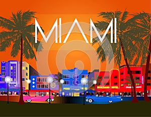 Colorful Miami Vector. Ocean Drive, Art Deco, Palms and Old Cars.