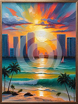 Miami Painting Skyline Sunset with Beach and Palm Trees