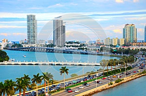 Miami panorama with car traffic