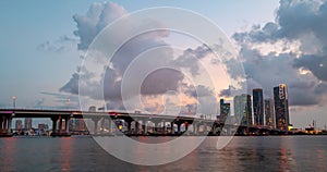 Miami panorama time lapse. Night sky timelapse on Miami beach city. Sky Timelapse of skyscrapers. Timelapse of night sky