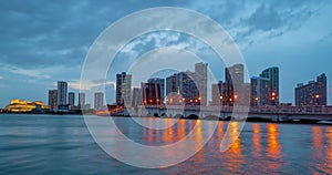 Miami panorama time lapse. Night sky timelapse on Miami beach city. Time lapse of sunset on cityscape sky and clouds