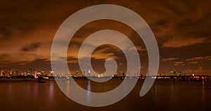 Miami panorama time lapse. Time lapse of sunset on cityscape sky and clouds moving with water ripple reflection