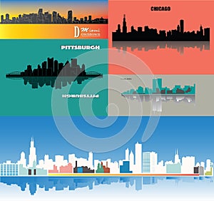 Miami, Pittsburgh, Chicago, New York silhouette - - scalable - vivid colour - buildings - poster flat design