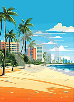 Miami resort city at sunset. Summer cityscape and sea shore with sand beach and palm trees, vector