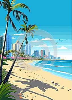 Miami resort city at sunset. Summer cityscape and sea shore with sand beach and palm trees, vector