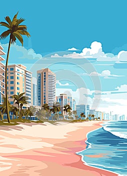 Miami resort city at sunset. Summer cityscape and sea shore with sand beach and palm trees, vector