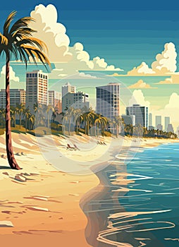 Miami resort city at sunset. Summer cityscape and sea shore with sand beach and palm trees, vector