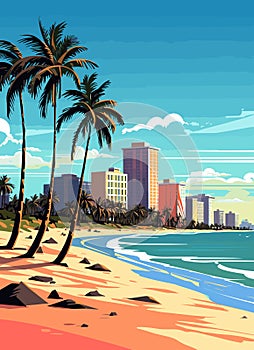 Miami resort city at sunset. Summer cityscape and sea shore with sand beach and palm trees, vector