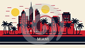 Miami resort city at sunset. Summer cityscape and sea shore with sand beach and palm trees, vector