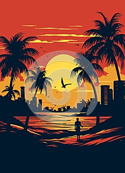 Miami resort city at sunset. Summer cityscape and sea shore with sand beach and palm trees, vector