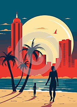 Miami resort city at sunset. Summer cityscape and sea shore with sand beach and palm trees, vector