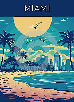 Miami resort city at sunset. Summer cityscape and sea shore with sand beach and palm trees, vector