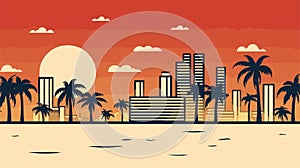 Miami resort city at sunset. Summer cityscape and sea shore with sand beach and palm trees, vector