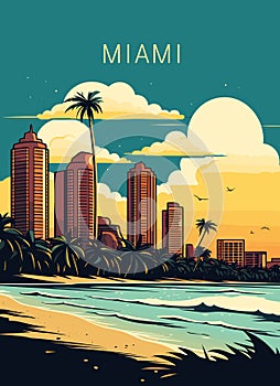 Miami resort city at sunset. Summer cityscape and sea shore with sand beach and palm trees, vector