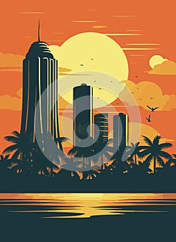 Miami resort city at sunset. Summer cityscape and sea shore with sand beach and palm trees, vector