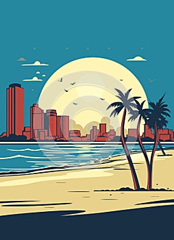 Miami resort city at sunset. Summer cityscape and sea shore with sand beach and palm trees, vector