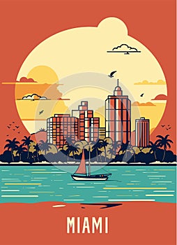 Miami resort city at sunset. Summer cityscape and sea shore with sand beach and palm trees, vector