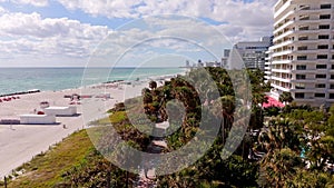 Miami resorts and palm trees. 4k aerial drone circa 2024