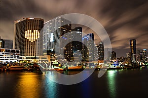 Miami skyline. Bayside Miami Downtown MacArthur Causeway from Venetian Causeway.