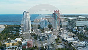 Miami Skyline. Entering Harbor and Miami Beach City on Sunny Day, USA. Aerial View. Miami skyline. Skyline of downtown