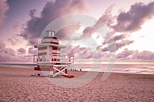 Miami south beach, colorful beach with lifeguard hut during sunrise at Miami Florida