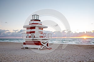 Miami south beach, colorful beach with lifeguard hut during sunrise at Miami Florida