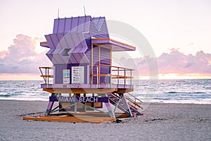 Miami south beach, colorful beach with lifeguard hut during sunrise at Miami Florida